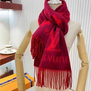 Authentic Louis Vuitton Red Cashmere Scarf with Fringe